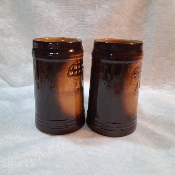 Vintage Moriyama Beer Mugs Monk Wine Cellar Japan Brown Pottery Steins Pair - Picture 3 of 16